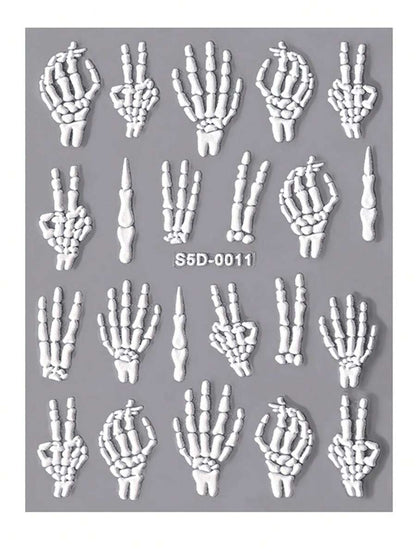 2Sheets Halloween Nail Stickers,5D Embossing Self-Adhesive Skull Bone Finger Design Nail Art Decals,DIY Sliders Manicure Skull Motif Decoration Nail Art Supplies