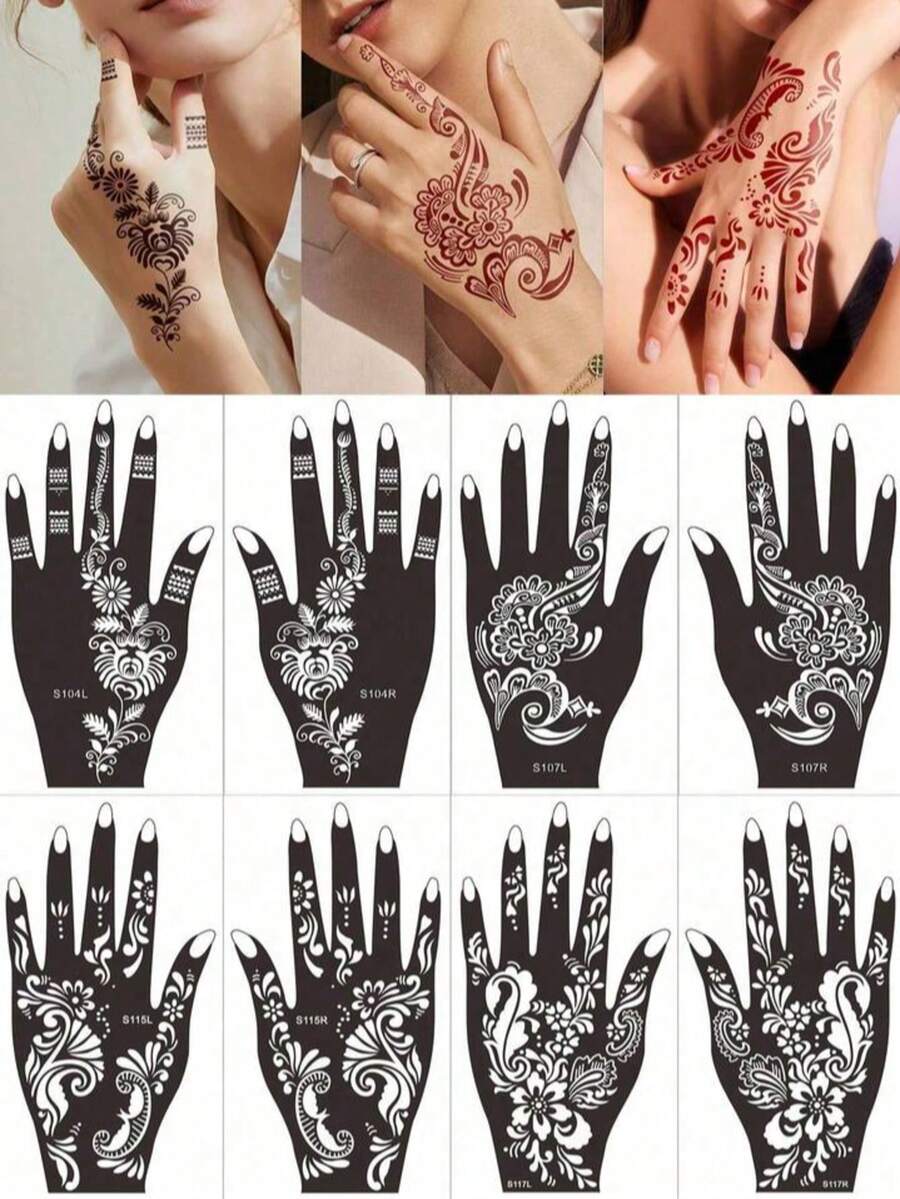 Premium Floral Henna Tattoo Stencil Stickers, Color Painting Temporary Hand Tattoo Stencils, Glitter Painting Hollow Stickers, For Body Art Makeup Mehndi Patterns