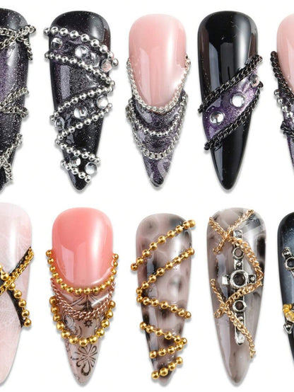12 Grids Boxed Alloy Chain Nail Art Charms Golden Silvery Black Mixed Color Y2K Gothic Nail Chain Beads Punk & Luxury Style Decorative Chains For DIY Manicure & Nail Salon Use