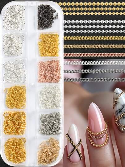 12 Grids Boxed Alloy Chain Nail Art Charms Golden Silvery Black Mixed Color Y2K Gothic Nail Chain Beads Punk & Luxury Style Decorative Chains For DIY Manicure & Nail Salon Use