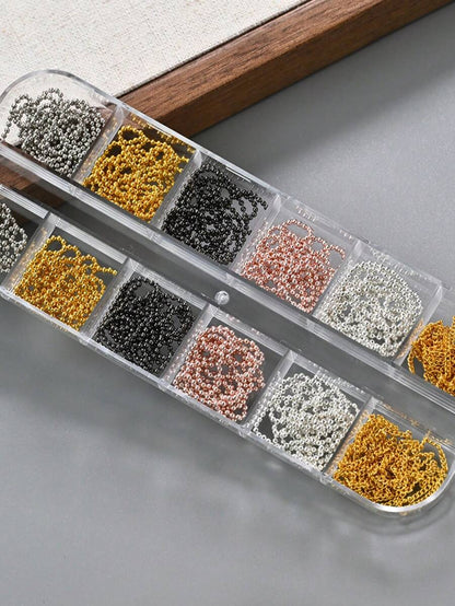 12 Grids Boxed Alloy Chain Nail Art Charms Golden Silvery Black Mixed Color Y2K Gothic Nail Chain Beads Punk & Luxury Style Decorative Chains For DIY Manicure & Nail Salon Use