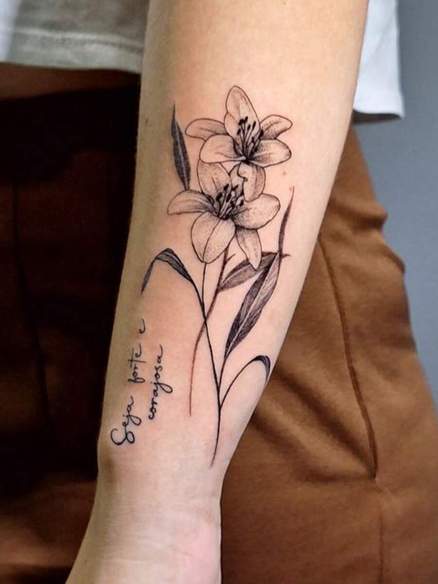 Twin Lily Flowers Temporary Tattoos Waterproof Long Lasting Fake Body Art Stickers Fine Line Botanical Sketch Floral Design Aesthetic Tattoo For Forearm Arm Women